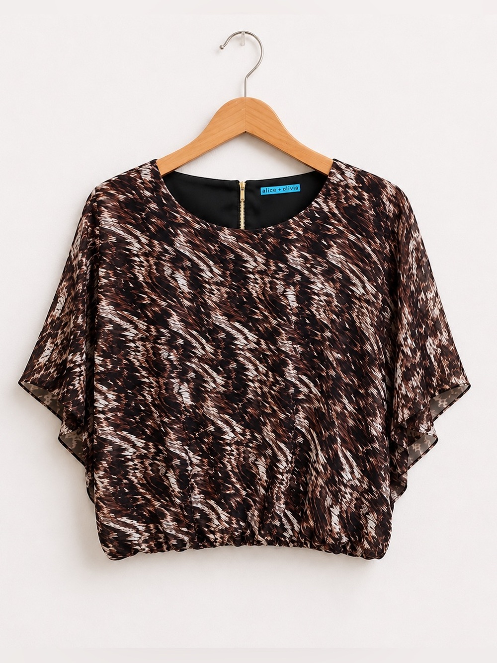 Alice + Olivia Brown, Black, & Cream Printed Mesh Overlay Flutter Sleeve Blouse
